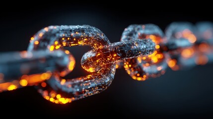 a closeup of a glowing digital chain link representing cybersecurity blockchain technology and data security in a futuristic design
