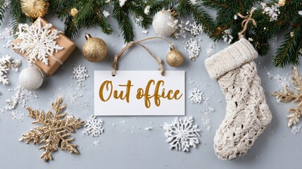 creative christmas flat lay with festive decorations fir branches stocking snowflakes golden ornaments and paper sign with out of office text hanging on string for holiday season break concept