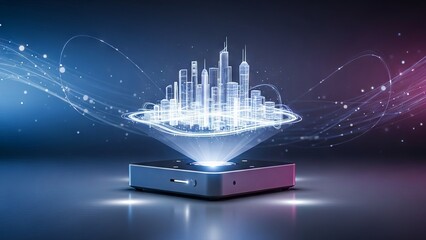 Futuristic hologram of a city projected from a device