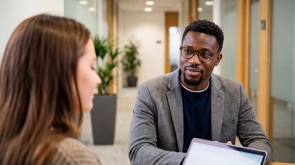 Professional mentor listening to student during meeting in office with laptop, concept of interview, coaching and career advice
