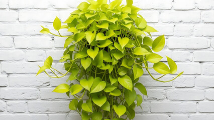 Vibrant neon green trailing houseplant against a textured white brick wall, creating a fresh and lively botanical accent for modern interior design and home decor