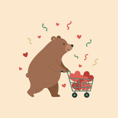 Cute cartoon brown bear pushing a shopping cart full of red hearts, symbolizing love and shopping for gifts, drawn in a cheerful Valentine's vector style. © Zhangxiao