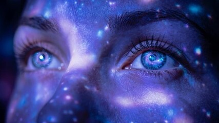 Macro close up of woman's eyes with glowing blue galaxy light projected on face, futuristic vision and imagination concept - Powered by Adobe