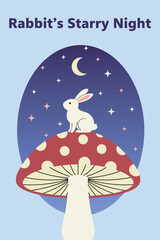 White bunny rabbit sitting atop a giant red and white toadstool mushroom under a starry night sky with a crescent moon, drawn in a fantasy vector style.