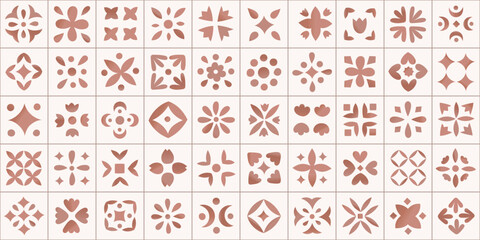 Watercolor geometric botanical ornamental ceramic tile seamless pattern. Floral vector oriental, islamic design. Minimalist hand drawn brown background