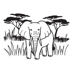 Line Art Elephant in African Savanna 