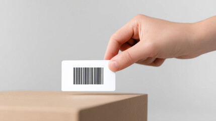 Hand holding barcode sticker over cardboard box for labeling and shipping process in warehouse
