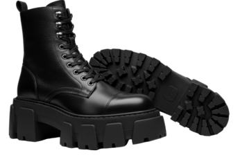 medium close-up of new black leather women's combat boots with massive chunky tractor soles and silver eyelets, posed against a transparent studio background with drop shadows. concept for luxury