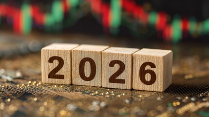 financial forecast 2026 wooden block displaying year on circuit board with stock market chart background representing investment and economic outlook