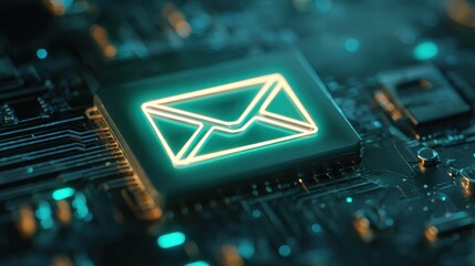glowing neon envelope icon embedded on futuristic circuit board representing digital communication and secure electronic messaging technology system