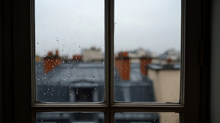 Raindrops on a pane create an introspective mood, blurring the cityscape beyond. The window frames a distant view of rooftops and buildings in soft focus, evoking a sense of calm.