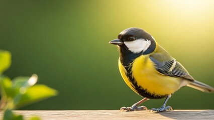 Obraz premium Great Tit Bird Perched in Sunlight with Green Bokeh Background