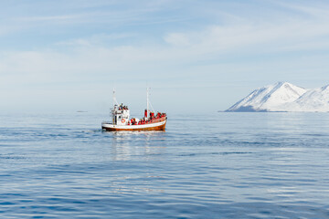 Whale watching boat on the blue water of the Eyjafj&ouml;r&eth;ur fjord