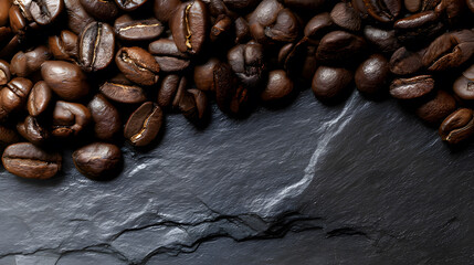 A macro shot of roasted coffee beans with textured details on a dark slate background.