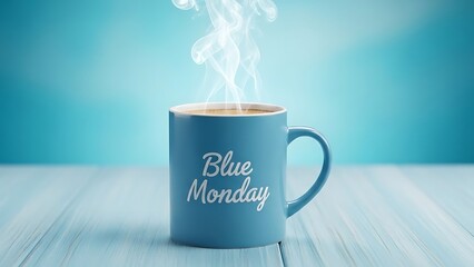 Blue Monday Coffee Mug with Steam on Wooden Table Background