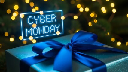 Cyber Monday Neon Sign over Blue Gift Box with Bokeh Lights