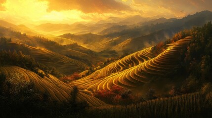 Golden Rice Terraces Basking In Sunset Glow