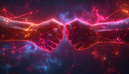 Two digital fists, red and purple, colliding in a space-like backdrop with glowing polygons and starry specks
