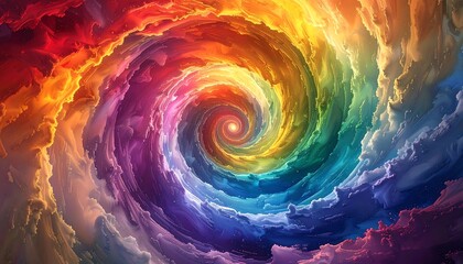 Swirling vortex of vibrant colors blending into a radiant, luminous center, creating a mesmerizing, abstract cloudscape