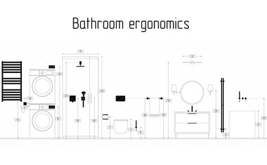 Vector illustration of a bathroom layout with ergonomic dimensions.