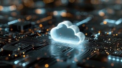 digital cloud hovering above circuit board futuristic technology concept representing cloud computing data flow virtual infrastructure glowing elements and abstract tech visualization