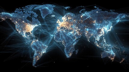 an abstract world map shows a digital global network with glowing lines and illuminated data points connecting countries