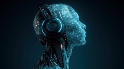 hologram digital music and technology with an audio program head displayed against a dark background for sound streaming cyber metaverse technology and virtual gaming generative ai