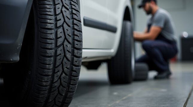 A man worker working with a car tire in the garage. The man, a mechanic, is changing winter and summer tires on a white truck or van at a service center. - Powered by Adobe