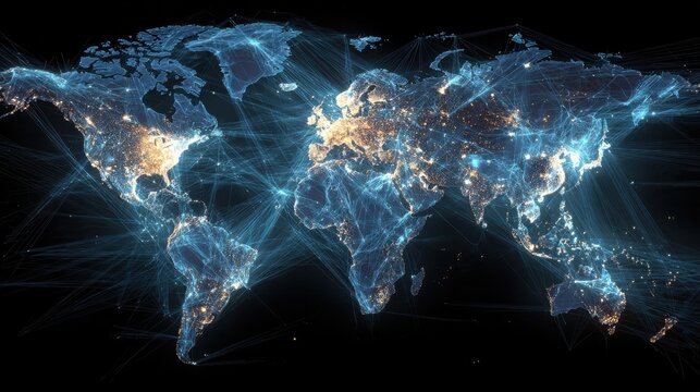 an abstract world map shows a digital global network with glowing lines and illuminated data points connecting countries - Powered by Adobe