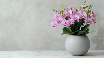 A beautiful arrangement of pink orchids in a sleek gray vase against a neutral background, adding elegance to any space.