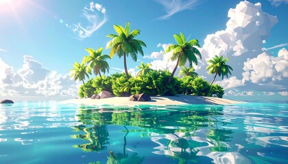 Tropical island with palm trees and clear turquoise water under a bright blue sky with fluffy white clouds
