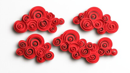 A vibrant arrangement of red paper clouds with swirling patterns, creating a dynamic and artistic visual effect.