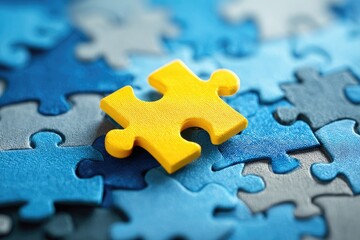 Yellow puzzle piece atop various blue puzzle fragments, showing shallow depth of field, macro shot