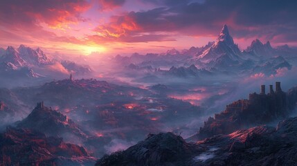 Majestic Mountain Range Sunset Over Ancient City