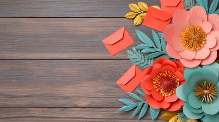 A colorful arrangement of paper flowers and envelopes on a wooden surface, creating a charming, decorative display.