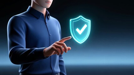 A person reaching to glowing shield icon shows trust and accuracy in iso certification seal or badge concept and iso certification and quality management