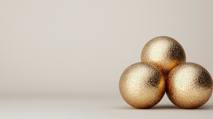 Three textured golden spheres arranged together on a minimalist background, creating a modern and elegant aesthetic.