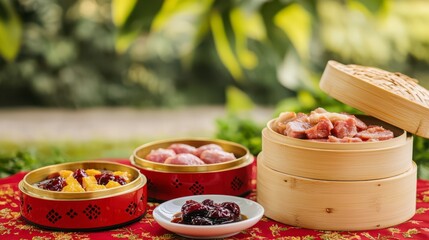 A vibrant display of assorted dumplings and snacks in bamboo steamers, set on a decorative tablecloth amidst greenery.