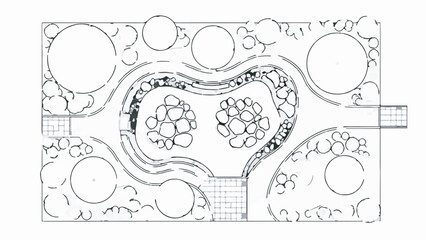 Top View Black and White Garden Landscape Design Plan Illustration