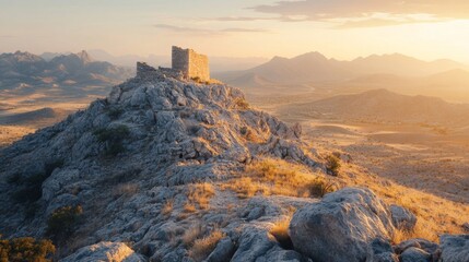 Ancient Ruins Atop Mountain Peak Sunset Landscape