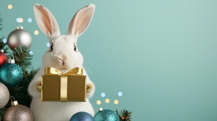 A festive rabbit holds a golden gift in front of a decorated Christmas tree, embodying holiday cheer and celebration.