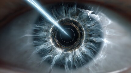 futuristic cybernetic eye with glowing iris and laser beam