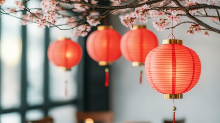 A serene scene featuring red lanterns hanging from a branch adorned with pink blossoms, creating a festive and tranquil atmosphere.