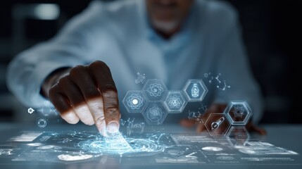businessman working with futuristic rd holographic interface and icons  innovation and technology concept