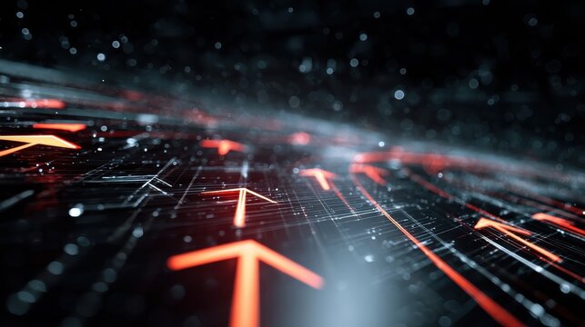 a futuristic interface showcasing dynamic motion with glowing arrows in a tech environment representing innovation and advancement