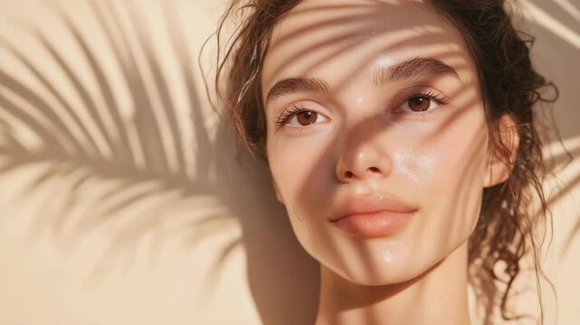 A serene moment of relaxation captured with a closed-eyed woman in soft light under palm leaves. The exudes peace and natural beauty.