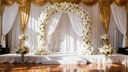 Luxurious white roses and hydrangea floral arch adorns a wedding stage backed by flowing white sheer and gold satin drapery.
