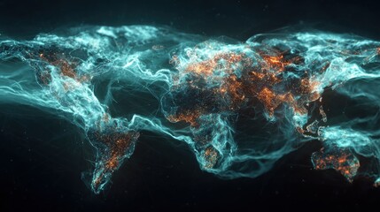 abstract futuristic world map made of glowing digital particles representing global network connections data flow and modern communication technology