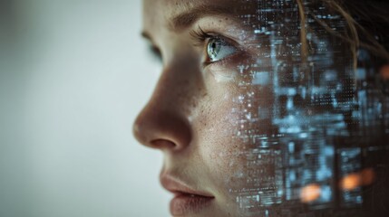profile of woman with digital interface showcasing technology and innovation in futurism ai data analysis and cyber aesthetics in modern life