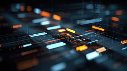 futuristic digital interface with glowing blue and orange holographic rectangles and lines representing data or technology connections on a dark background